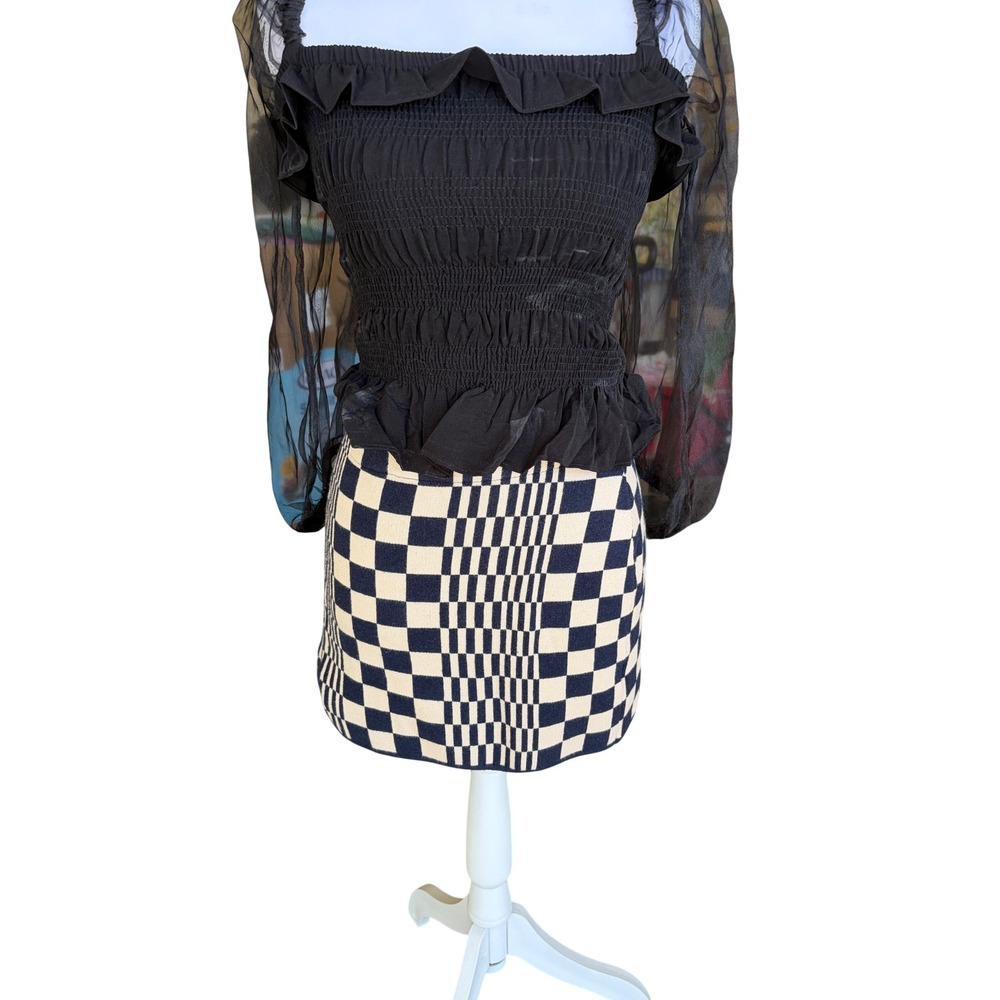 Urban Outfitters Warped Checkerboard Knit Mini Skirt black Cream Small Side Slit